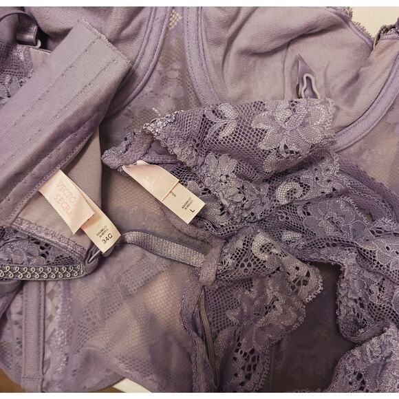 VNT Victoria's Secret CORSET SET Size 34C LAVENDER Floral Lace Romantic Bridal - Picture 12 of 14